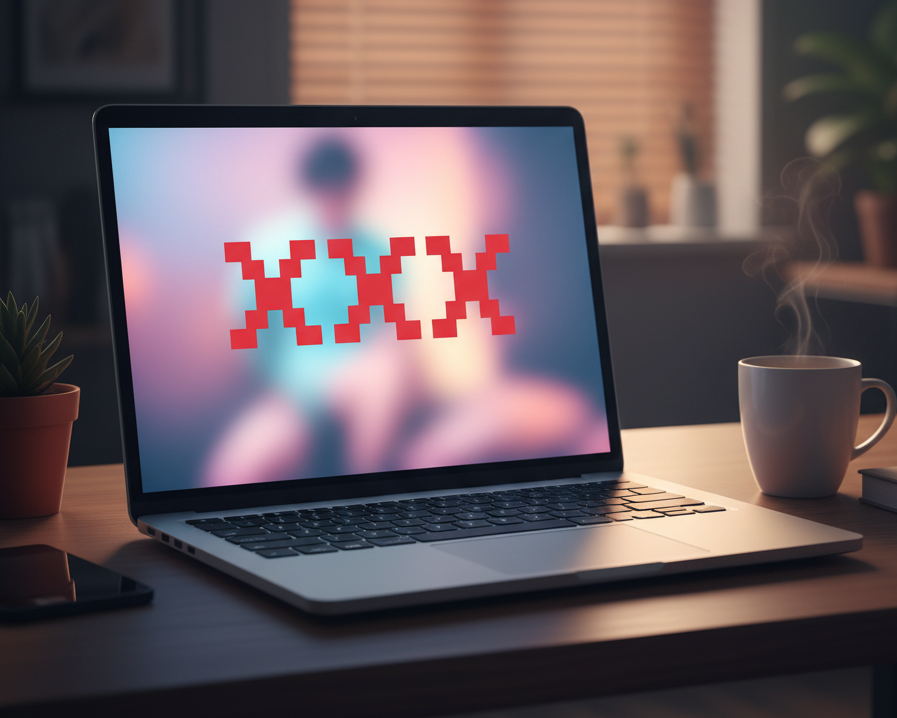 a laptop displaying XXX hardcore porn